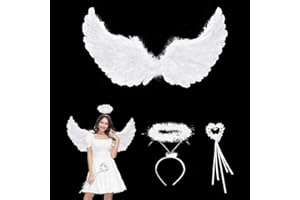 PIUMOJ Costume da Angelo, Ali di Angelo Costume, Angelo Bianco Ali di Piume con Angelo Aureola Bacchetta Magica, Angelo Costumi per Adulti e Bambini Cosplay per Halloween Carnevale