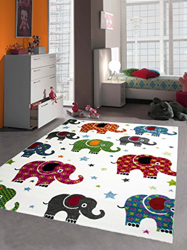 Kinderteppich Spielteppich Kinderzimmer Teppich bunte Elefenten Multicolour Creme Rot Grau Türkis Pink Grün Orange Schwarz Größe 120x170 cm