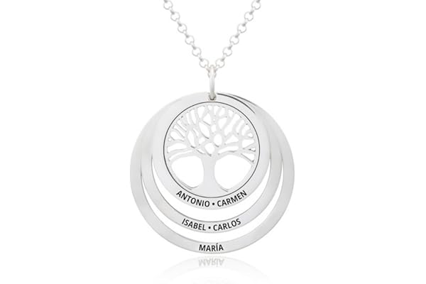 Collar Árbol de la Vida en Plata de Ley 925 personalizable, con cadena Rolo de 45cm + Alargador. Un regalo perfecto para regalar a madres o abuelas. (Collar Árbol de la Vida 2 Aros)