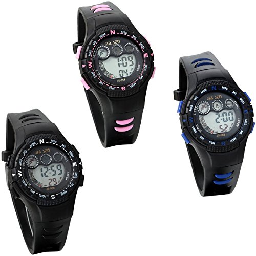 JewelryWe 3pcs Studenten Multifunktionen Elektronische Digital Armbanduhr Kinder Sport Uhr für Jungen Mädchen Schwarz Blau Pink
