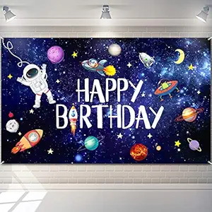 Vaanions Outer Space Happy Birthday Photography Background Astronaut Rocket Backdrop Banner Astrology Astronomy Planet Galaxy Photo Background for Children's Birthday Galaxy Planet Party Photo Booth Backdrop