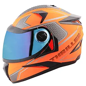 Steelbird SBH-17 Thriller ISI Certified Full Face Graphic Helmet ( Large 600 MM, Glossy Fluo Orange with Clear Visor and Extra Chrome Rainbow Visor )