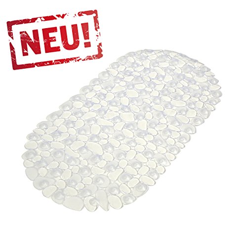 Klare Transparente Anti Rutsch Matte für die Badewanne - Wanneneinlage mit Saugnäpfen - Schadstofffreie Wannenmatte in schöner Kieseldekor Steinoptik - Größe: 68 x 35cm