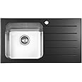 JASSFERRY 860x500mm Stainless Steel Kitchen Sink with Black Glass Top - Single Bowl Right Hand Drainer & Glossy Drainboard