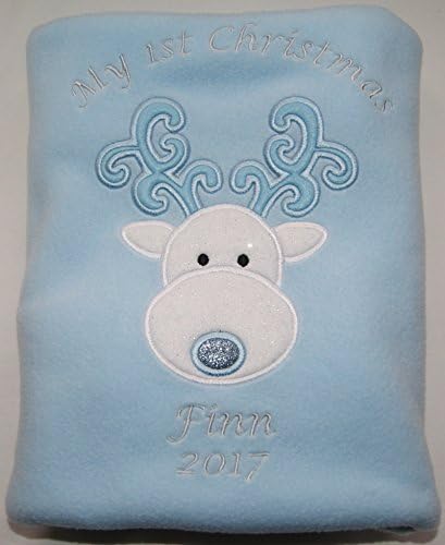 Baby Boys Personalised 1st Christmas Reindeer Super Soft Fleece Blanket (Blue)