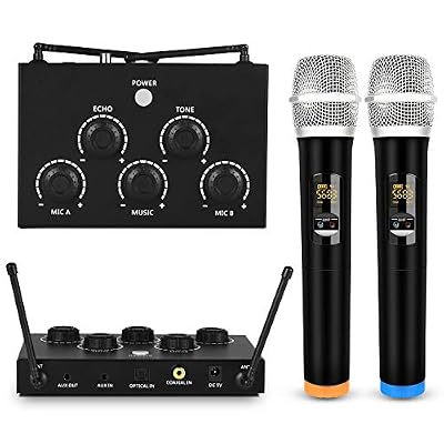 Rybozen Machine de karaoké portable, avec deux micro sans fil et récepteur/mixeur de micro UHF deux en un, 3,5 mm TRS/Optical/Coaxial In/Out pour haut-parleur ou home cinéma