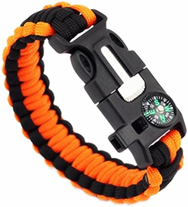Survival Bracelet magnesium rod-Compass for Hiking, Camp Fire Starter,Firesteel &amp; Tinder, Fishing Gear, Whistle emergency rope (orange)