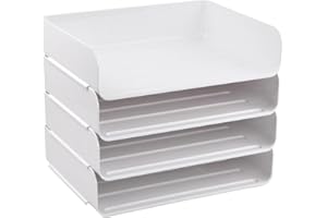 Granvoo Ablagekorb Stapelbar Weiß, 4-Tier Dokumentenablage A4, Aktenregal Schreibtisch aus PET, Briefablage Dokumentenhalter, Schreibtisch Organizer für Zuhause Büro Schule, 31.5x24.5x26.7CM