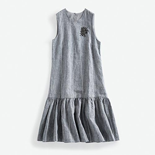 Linen Yarn Dyed Stripe Hand Nail Drill, Round Neck Sleeveless, Loose Lotus Leaf, Pendulum Skirt, Dress, Summer,L,Linen Grey