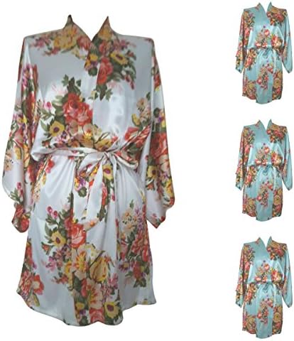 The Bridal Outlet Multiple Sets Satin Floral Bridal Bridesmaids Robes Dressing Gowns Kimonos White Pink Blue (Set Of 7, 1 x Ivory 6 x Pale Blue)