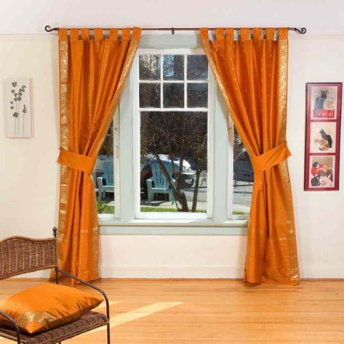 Indian Selections Indo Mustard Tab Top Sari Sheer Curtain (43 in. x 84 in.) with matching tieback