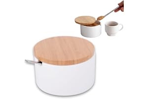 KOOK TIME Azucarero original - cerámica con tapa de madera de Bambú y Cucharilla de acero inoxidable - Uso ideal como azucarero y salero - Medidas: 12.5 x10 x 6.5 cm. - color: Blanco