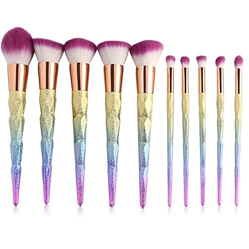 Coshine 10 pcs Licorne Coloré Arc-En-Diamant Maquillage Brosse Ensemble Professionnel Fondation Poudre Crème Blush Brosse Kits