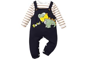 UUAISSO Bébé Garçon Vêtements Manches Longues Rayures Hauts Dinosaure Imprimé Salopette Réglable Bretelles Pantalon Tenue Ensemble