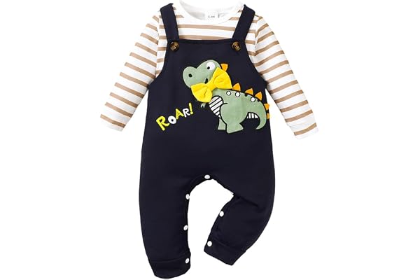 UUAISSO Bébé Garçon Vêtements Manches Longues Rayures Hauts Dinosaure Imprimé Salopette Réglable Bretelles Pantalon Tenue Ensemble
