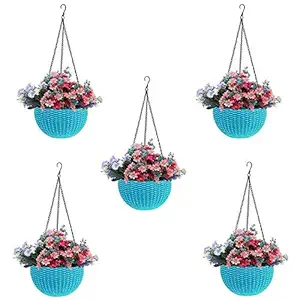 bvslf Plastic Woven Design Hanging Baskets Planters Flower Pot Plant with Hanging Hook Chain for Home Garden Balcony Decoration, Round Gamla Pot (Blue, 5)