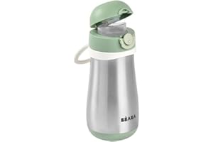 Béaba, Butelka ze stali nierdzewnej dla dzieci 2 w 1, funkcja butelki/szkła, przycisk Push ułatwiający otwieranie, solidny, zdrowy, zdejmowane uchwyty, stal nierdzewna utrzymuje zimno/ciepło, 350 ml,