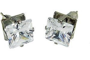 OUTLETISSIMO® UN22 Boucles d'oreilles homme en argent chrétien Ronaldo acier diamant CZ carré 8 mm, Diamant Zircone cubique Acier allié