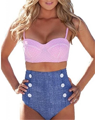 Retro High Waist Pin up Bikini Sets Red Polka Top+denim Bottom Pink Medium