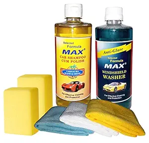 MAX Car Clean & Wash Combo (Pack of 7 Pieces) - Conatins 2 Products of 500 ML Each of Windshield Washer Fluid Concentrate and Car Shampoo, 2 Pieces Foam Applicators and 3 Pieces Microfiber Cloth
