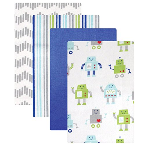 Luvable Friends 4 Pack Flannel Receiving Blankets (Blue Robots)