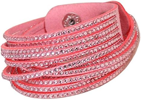 Luxurious women's alcantara multilayer wristband bracelet double wrapped 8 layers sparkling pink crystals