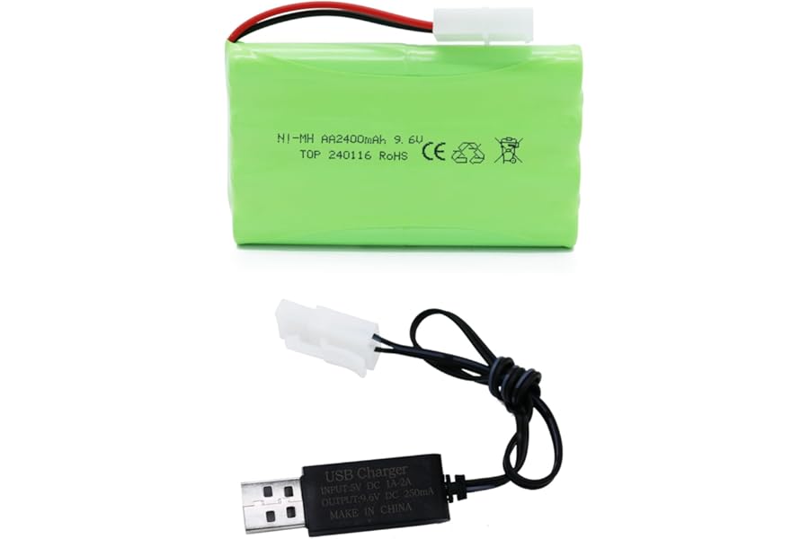 Tosiicop 9.6V 2400mAh NiMH Battery - RC Car Rechargeable Battery AA with Tamiya KET-2P Plug and USB Charge Cable for RC Car Spare Part RC Tank Boat Batteries (9.6V 2400mAh)