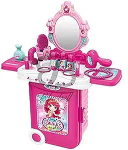 Bluebell Makeup kit for Girls, 3 in 1 Pretend to Play Cosmetic and Makeup Set for Girls Toys with Foldable Trolley, hairdryer, Jewellery Accessories with Mirror with Light in Portable Toys for Girls.