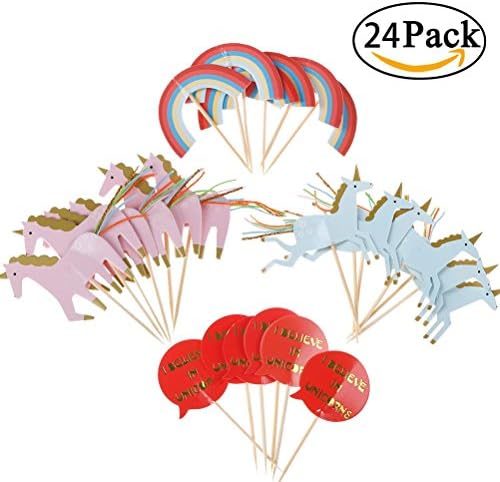 Waterstone 24 Pieces Multi Unicorn Cupcake Toppers ,Food Picks Baby Shower Decor And Cupcake Party Picks