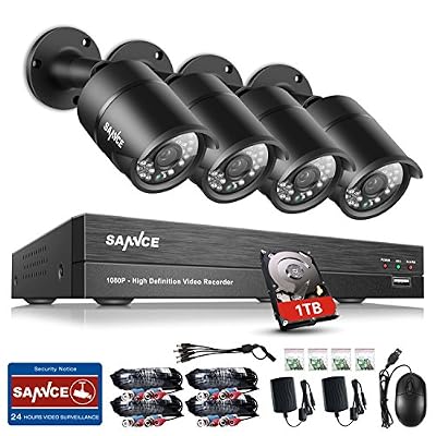 SANNCE 8CH 1080P AHD DVR Système de Caméra de Surveillance QR Code 4 Caméra Intérieur/Extérieur Etanche 1080P 2.0 Megapixels Haute Résolution Caméra de Sécurité Accès à Distance via Smartphone/PC 1TB Surveillance HDD