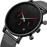 ★Einzigartiges und elegantes Design ★: drei Zifferblätter, sechs Zeiger. Alle Zifferblätter funktionieren, luxuriöses schwarzes Zifferblatt, Datum, Kalender, 12H / 24H-Zeitanzeige