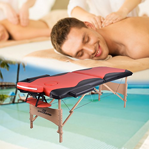 Wellhome Mesa de Masaje Plegable 2 Zonas de Madera Portátil Ligera Camilla de Masaje altura ajustable terapia SPA tatuaje salón Reposacabezas adjustable + Pretil + 600D Bolsa (Negro & Rojo)
