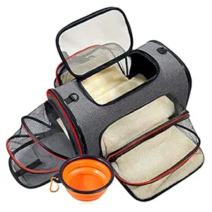 Pet Travel Carrier Bag, 3 Way Expandable Foldable Soft-Sided Cat Carrier Safe and Cosy for Cats and Dogs, Portable Dog Bag Airline Approved with Foldable Bowl