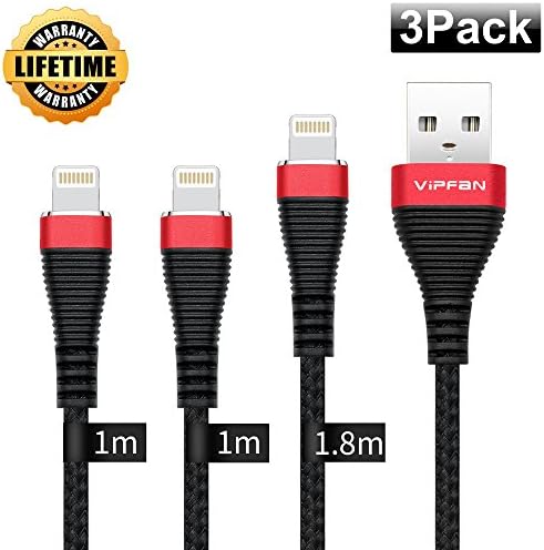 Vipfan Lightning Cable, 3Pack [2X3ft 1X6ft] Nylon Braided iPhone Charging Cord for iPhone X/8/8plus/7/7plus/6/6s/6plus/6s plus/5s/SE/iPod/iPad [Black]