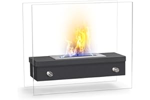 FRANKYSTAR Cleopatra - Caminetto a bioetanolo da tavola e pavimento con 1 bruciatore da 1.5L. Camino a bioetanolo da appoggio in acciaio inox e vetro temperato. Dimensioni: 47x40cm (Nero)