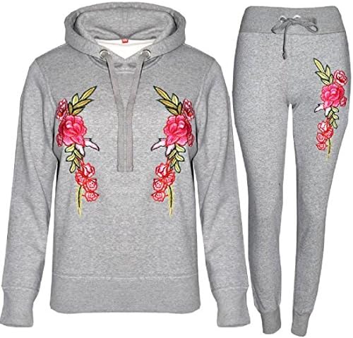 New Ladies Women's Rose Embroidered Flower Lounge Wear Tracksuit 2PC S-XL
