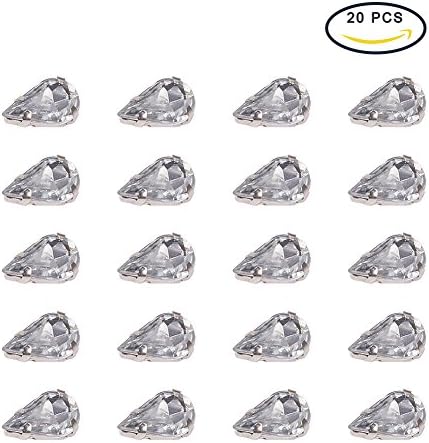 Pandahall 20pcs Clear Teardrop Shape Sew on / Glue on Acrylic Rhinestone Montee Beads with Brass Findings, Platinum Metal Color, 13x8x5.5mm, Hole: 1mm