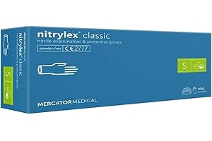 MERCATOR MEDICAL Nitrylex Classic Gants Nitrile Jetables, Examen Protecteur, Non Poudrés, Non Stériles, Couleur Bleu, Taille S (6-7), Ambidextre, Micro + Bout Doigt Texturé, Poignet Bordé, dispenser box 100 Pcs