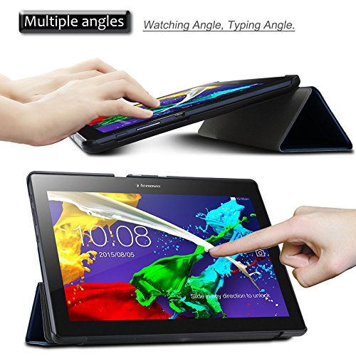 Infiland Lenovo Tab 2 A10-70 / Tab 2 A10-70L / Tab 2 A10-70F / Tab 2 A10-30F / Tab 2 A10-30L / Tab 3 10 Business/ Tab3 10 Plus Hülle Case, Ultra Dünn Tri-Fold Smart-Muschel PU Leder Schutzhülle für Lenovo Tab 2 A10-70 / Tab 2 A10-30 / Tab 3 10 Business/ Tab3 10 Plus 10,1 Zoll Tablet (mit Auto Schlaf / Wach Funktion)(Dunkleblau) - 3