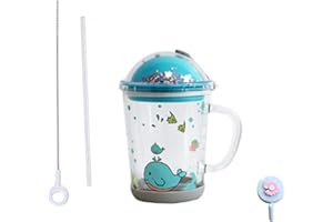 XFEYAQLO Kubek ze słomką, kubek do picia ze słomką, z pokrywką, antypoślizgowa pokrywka na dnie i słomka silikonowa, do herbaty z mlekiem, do kuchenki mikrofalowej, 400 ml (niebieska ryba)