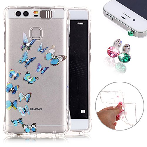 Preisvergleich Produktbild Huawei P9 Hülle,Huawei P9 Schutzhülle,Huawei P9 Silikonhülle,Pershoo Kreative Blau Schmetterling Blumen Bling Diamant Muster LED Flash Blink Licht Crystal Kirstall Clear Durchsichtig Bumper Tasche Hülle Case Cover Fall-Abdeckung Etui TPU Schale für Huawei P9 + 2x Glitzer Diamant Rhinestone Staub Stecker-Blue Butterfly Flower