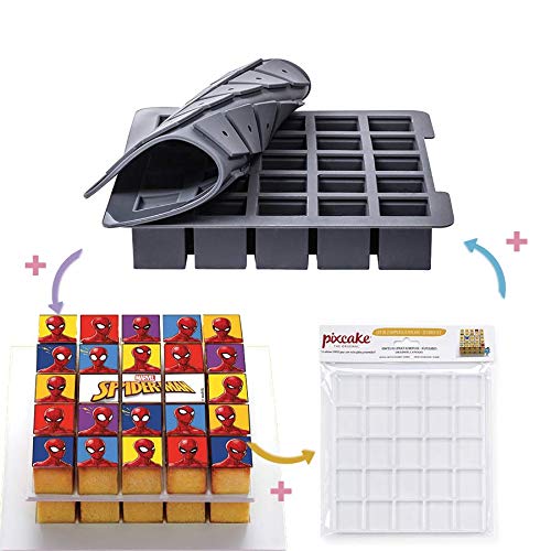 PIXCAKE Moule à gâteaux Cubes + Décor Spiderman + Support à gâteaux, Les ustensiles de Cuisine indispensables pour réaliser des pâtisseries personnalisées