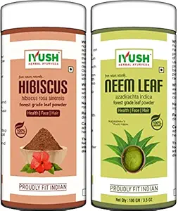 IYUSH Herbal Ayurveda Neem Powder and Hibiscus Powder for Hair Growth ? 200gm | Hair Mask for Smoothening Hair | Hair Mask for Hair Growth | Face Pack Powder | Skin Care & Hair Care | (100gm each)