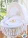 TEDDY BEAR WHITE WICKER CRIB MOSES BASKET BASSINET WITH HOOD SOLID WHITE WOOD BASE AND WHITE/CREAM BEDDING