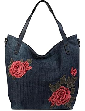 styleBREAKER Jeans Shopper Tasche mit Rosen Blüten Patch Applikation, Handtasche, Schultertasche, Tote Bag, Damen...