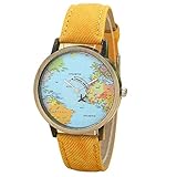 Uhr Damen Uhren DAY.LIN Fashion Global Reisen mit dem Flugzeug Karte Frauen Kleid Uhr Denim Fabric Band (Gelb)