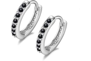 IMINI Pendientes de aro pequeños de plata de ley de 7 mm con circonita cúbica para cartílago, para mujeres, adolescentes y niñas, aros pequeños con circonita cúbica negra, Cristal, Circonia cúbica