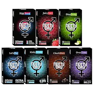 NOTTY BOY Condom Honeymoon Package - Climax Delay, Ribbed, Extra Lubricated, Ultra Thin, Dotted, Contour, Strawberry, Chocolate and Apple Flavoured Condoms - (7x10s)