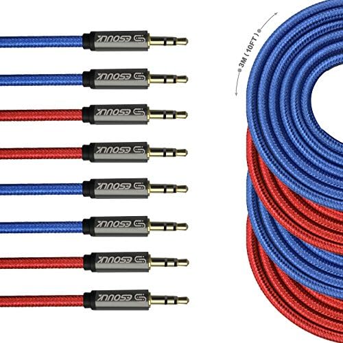 Tangle-Free Male to Male 3.5mm Auxiliary Cable [10ft] Gold Plated Connectors for Apple, Android Smartphones,Tablet,MP3 Players and more (Blue+Red [4-Pack])