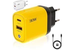 THREE STARS Caricatore USB C 30W 2 Porte - Tipo C + Tipo A con QC 3.0 - Caricabatterie Rapido Multiplo per iPhone + Galaxy + Xiaomi - Certificato CE - Colore Giallo | 3‑Stars